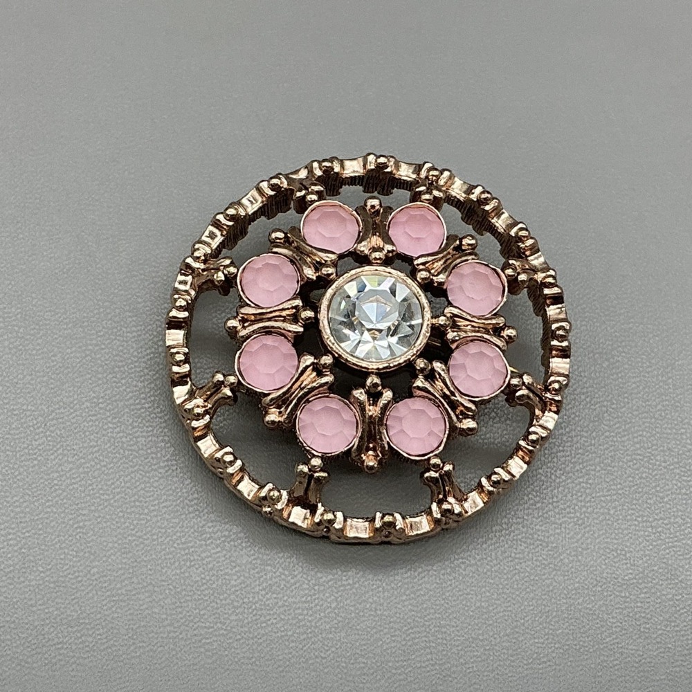 Gold Tone Pink Rhinestone Flower Brooch Pin Round Openwork Costume Jewelry